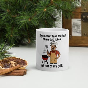 Grilling Dad Cartoon Mug – Funny Father’s Day Gift (White Dad version) – “If You Can’t Take the Heat of My Dad Jokes, Get Out of My Grill