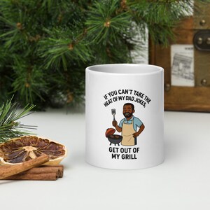 Grilling Dad Cartoon Mug – Black Dad Version – Funny Father’s Day Gift – “If You Can’t Take the Heat of My Dad Jokes, Get Out of My Grill”