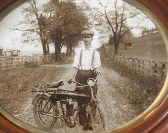 Country boy with Erie motorcycle pre-war photo from a rare glass negative in an antique frame.