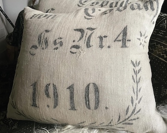 Antique German Grain Sack Pillows, 1910, matched pair, With feather inserts.