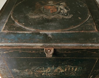 Antique Cake Box, Industrial tin with hinged opening.