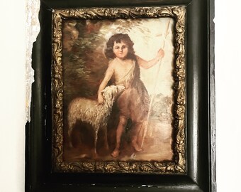 Antique French Oil on Board, shepherd boy, shabby, RARE,  oil painting