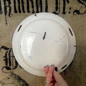 May include: A white ceramic plate with cracks and dark markings around the rim. The plate is held by a hand. The plate has a distressed, antique appearance. The plate's diameter is approximately 20 cm.