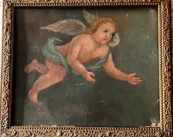 Antique French Angel, Cherub Oil Painting on Canvas, 1 Shabby Chic, Angel, Framed