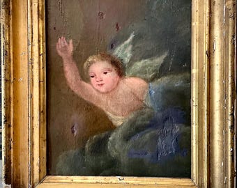 Antiker französischer Engel, Cherub Ölgemälde auf Leinwand, Shabby Chic, Engel, gerahmt