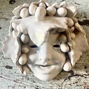 Handcrafted Italian Pottery Mask: Bacchus-Inspired Ceramic Wall Art