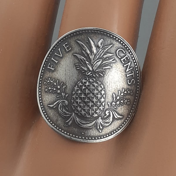 RING, PINEAPPLE, BAHAMAS, Handmade Rings, Authentic 5 cent Ring, Mixed Metal Jewelry, Coin Rings, Mixed Metal Jewelry, Sterling Silver Band,