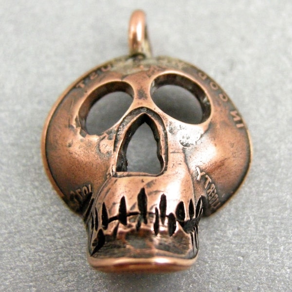 COPPER PENNY SKULL Pendant, Charm Sculpture ooak, "Penny Creations"  made from 1982 and older United States Solid Copper Penny