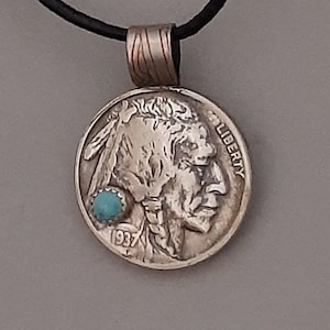 PENDANT, Nickel INDIAN head, BUFFALO Coin Pendant, Authentic Coin, Turquoise, Gift for Him, Coin Collector, Birthday Gift, Southwest Jewelry