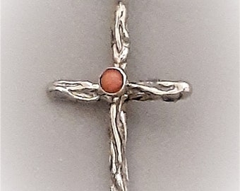 CROSS PENDANT, REVISABLE, Rope Style, Pink Set Stone, Religious Jewelry, Sterling Silver Crucifix, Sterling Cross Pendant, 1 1/4 by 11/16 in