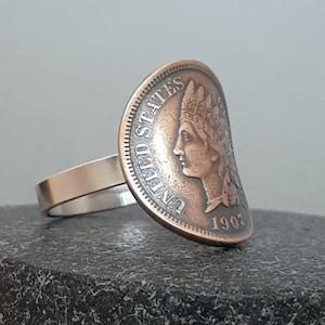RING, INDIAN HEAD, Authentic Indian Head Pennie Ring, Coin Ring, Coin Jewelry, Copper Coin Ring, Sterling Silver Band, 1907 Indian head