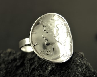 DIME RING, Handmade, Antique Dime Ring, Silver Liberty Mercury Dime, Coin Jewelry Rings, Numismatics Ring Gift, Friendship, Silver Coin Ring