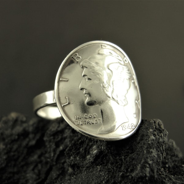 DIME RING, Handmade, Antique Dime Ring, Silver Liberty Mercury Dime, Coin Jewelry Rings, Numismatics Ring Gift, Friendship, Silver Coin Ring