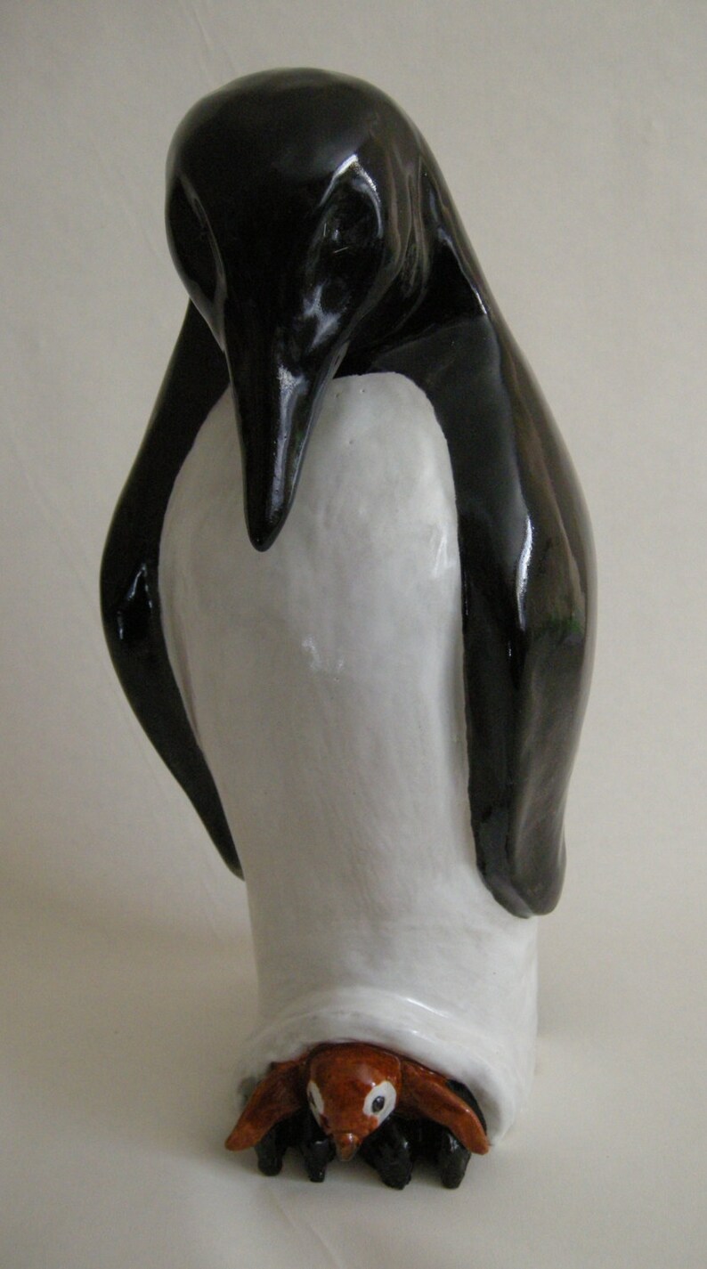 SCULPTURE, PENGUIN POTTERY,Pottery Stoneware Clay titled Loves Warmth Penguin SculptureStands 15 inches in height Free Shipping image 1