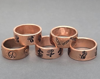 Stamped Copper Band Ring: Mushroom, Rose, Peace Sign