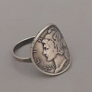RING, MERCURY DIME, Silver Dime Coin Ring, Handmade, Silver Liberty Mercury Dime, Antique Dime Ring, Sterling Silver Band, Antique Silver
