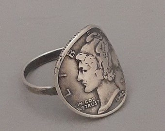 MERCURY DIMERING, Silver Dime Coin Ring, Handmade,Liberty Mercury Dime, Antique Dime Ring, Sterling Silver Band, Silver Patina, Gift, 4.5g