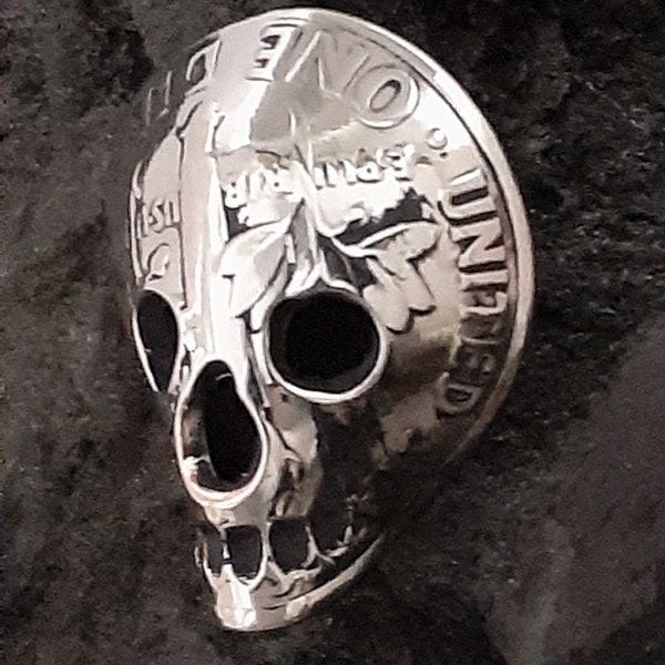 DIME-N-SKULL Pendant, Charm, Coin Sculpture, Coin Colleting, Day of The Dead, All Souls Day, Metal Skull, Halloween Gifts, Skull Art, Sugar