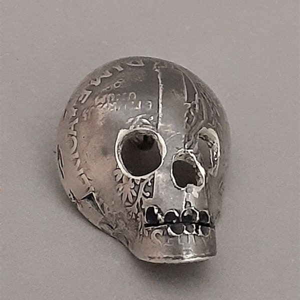 SKULL, LIBERITY Skull DIME, Coin Pendant, Handmade, Silver Skull Charm, Silver Sculpture, Ooak, Copper Penny, Miniature Silver Skull, 2.4g