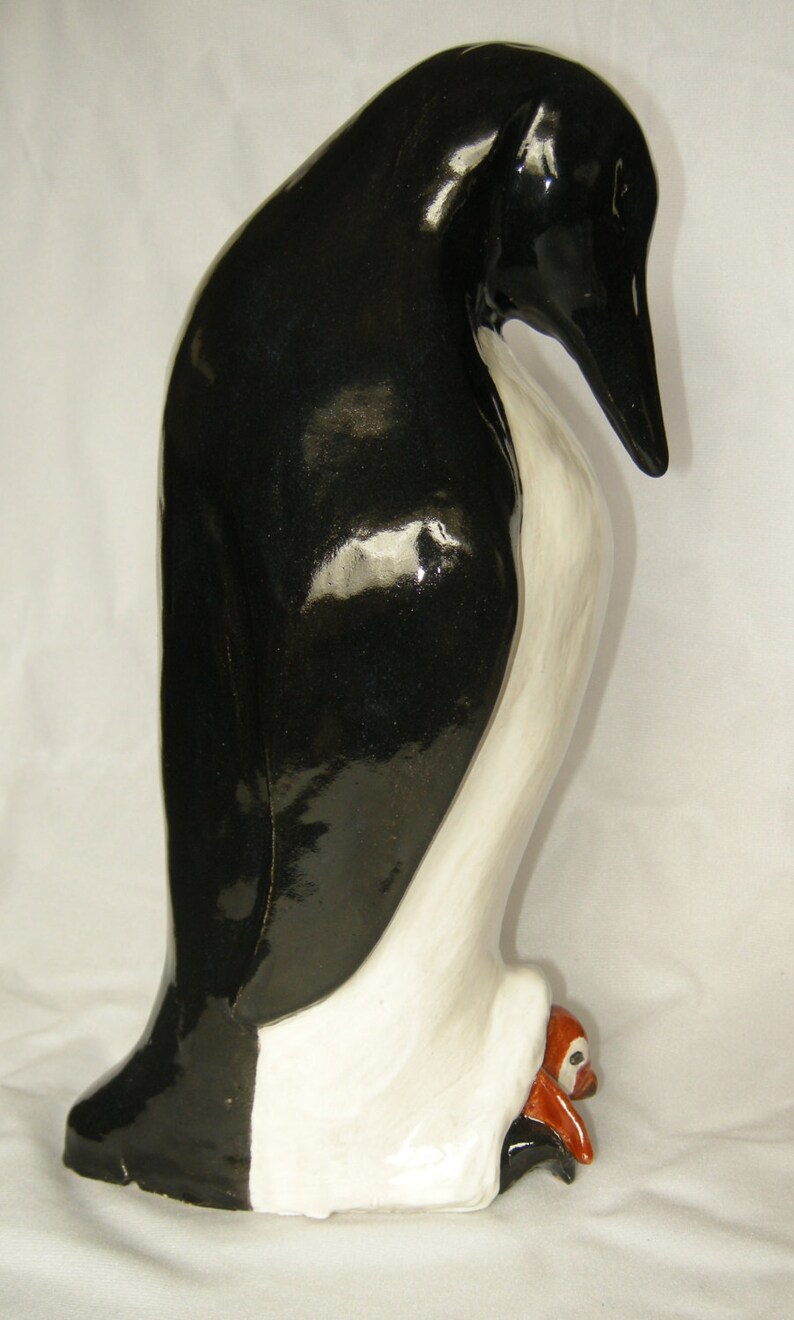 SCULPTURE, PENGUIN POTTERY,Pottery Stoneware Clay titled Loves Warmth Penguin SculptureStands 15 inches in height Free Shipping image 3