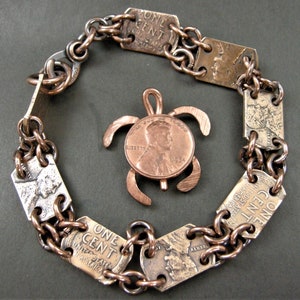 COPPER PENNY BRACELET, Handmade, Rustic, 6 inch to 9 Inch Copper Penny Ladder Bracelet, Altered Wheat Penny Links,Size in one inch segments.