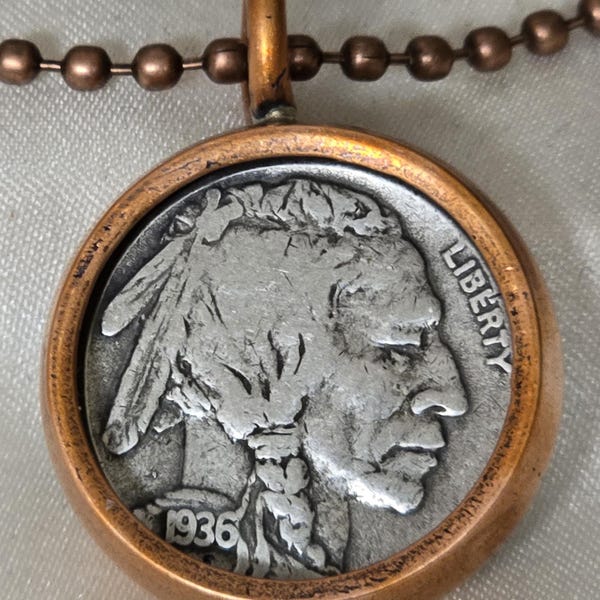 PENDANT, INDIAN HEAD, Authentic Indian Head Nickel, Buffalo Nickel Coin, Vintage Bi Metal Coin Jewelry, Buffalo Nickel Copper Heart Pendant