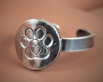 RING,PUPPY PAW, Statement Toe Ring, Love Paw Print, Love Fur Baby, Minimalist, 10 mm Wide 1 mm Thick Silver Disk, Sterling Silver Band,2.1 g