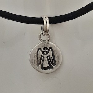 PENDANT, GUARDIAN ANGEL Round Minimalist, Sterling silver, Black Silicone Necklace Cord, Sweet Sixteen Gift, Handmade, Sterling Silver   .5g