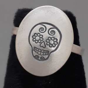 SILVER SKULL RING, Handmade Day of the Dead Sugar Skull Ring, Sterling Silver Skull Ring, Stamped Sugar Skull, Minimalist, Statement Ring,