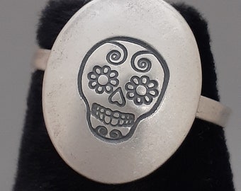SILVER SKULL RING, Handmade Day of the Dead Sugar Skull Ring, Sterling Silver Skull Ring, Stamped Sugar Skull, Minimalist, Statement Ring,