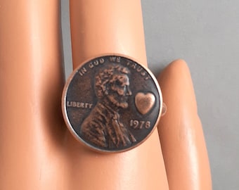 RINGS, COPPER PENNY, Heart Ring, Copper Jewelry, Silver Jewelry, Coin Ring, Collector Coins, Stamped Jewelry, Custom Ring, Friendship Rings