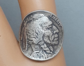 RING,INDIAN HEAD, Authentic Indian Head Nickel, Mixed Metal Jewelry, Coin Ring, Coin Jewelry, Sterling Silver Band,1936 Indian Head Nickel