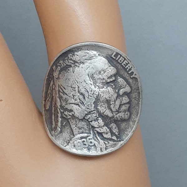 RING,INDIAN HEAD, Authentic Indian Head Nickel, Mixed Metal Jewelry, Coin Ring, Coin Jewelry, Sterling Silver Band,1936 Indian Head Nickel