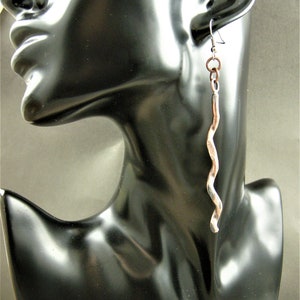 May include: Silver twisted wire dangle earrings with a copper hook and a silver chain.