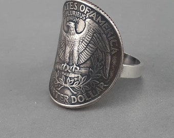 RING, STANDING EAGLE, Handmade Rings, Authentic Quarter Ring,Mixed Metal Jewelry, Coin Rings, Mixed Metal Coin Jewelry,Sterling Silver Band,