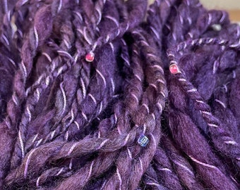 Hand Spun Art Yarn, Purple Wool, Auto-wrapped Pink Beaded String, Super Bulky, Thick 'n Thin, 10 Yard Skein