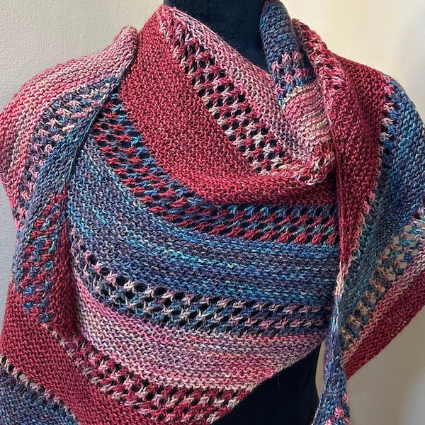 Hand Knit Shawl, Triangle Neck Scarf, Merino Wool, Baby Alpaca, Reds and Blues, Soft and Drape-able