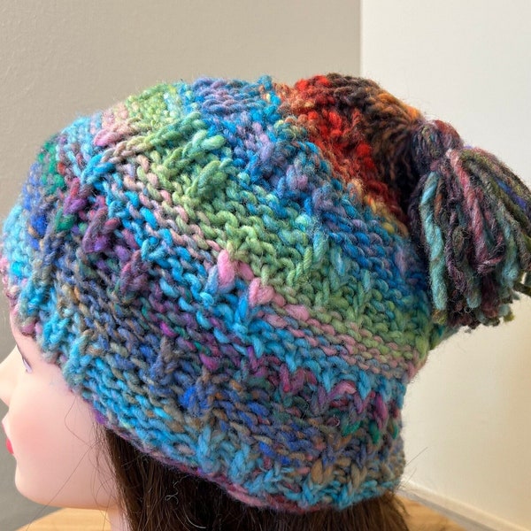 Fluffy Wool Hat, Hand Knit, Rainbow Color Yarn, Playful Tassel, Unisex, Hand Made