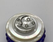 Cobalt Blue Vintage Salt Cellar converted to a Trinket Box with Stacked Button Lid Silver Moon Stars Ring Box