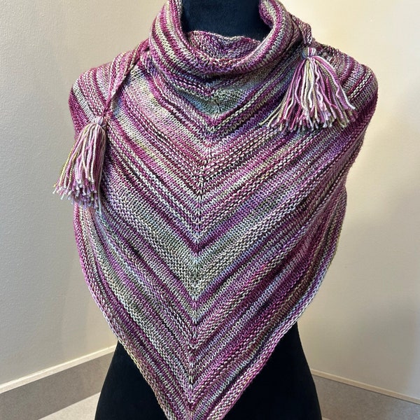 Hand Knit Shawl, Triangle Neck Scarf with Tassels, Superwash Wool, Purples and Greens