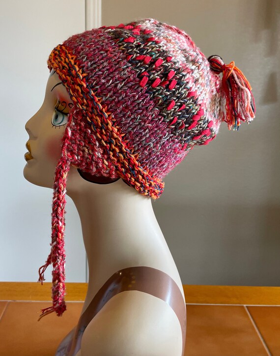 Peach Brown Knit Earflap Hat with Tassels