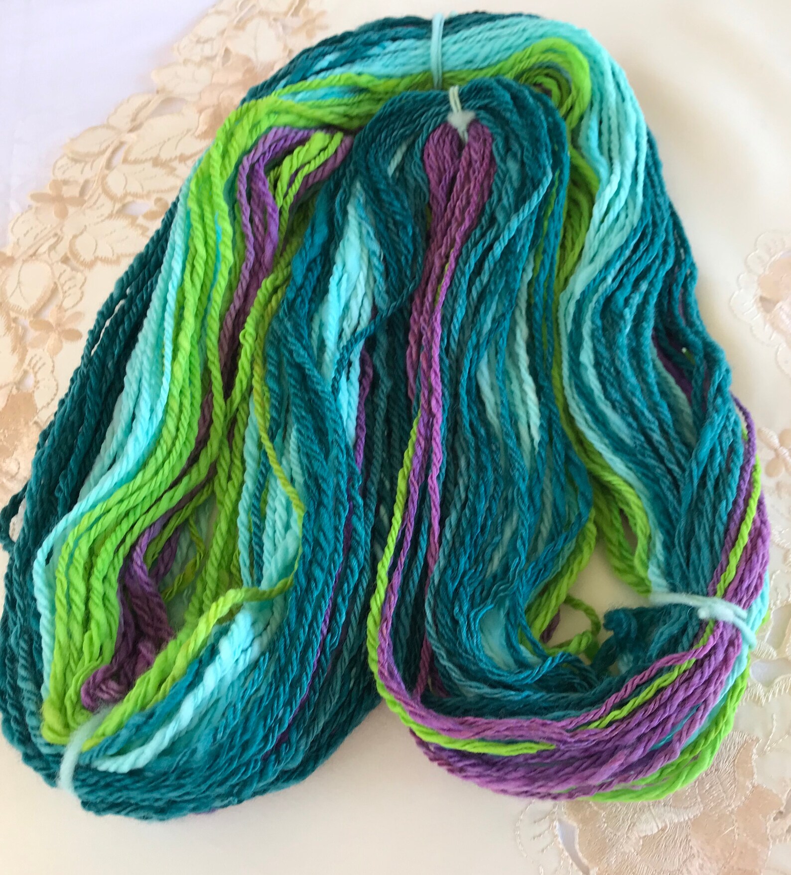 Hand Spun Yarn Jewel Tones of Blue Turquoise Lime Green and Etsy