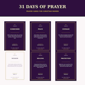 Puede incluir: Un conjunto de tarjetas de oración rectangulares tituladas 31 DAYS OF PRAYER, PRAYER CARDS FOR CHRISTIAN WOMEN. Las tarjetas presentan fondos de color púrpura oscuro con texto y bordes dorados, mostrando temas como SURRENDER, PEACE, COURAGE, WISDOM, HEALING y PROTECTION.