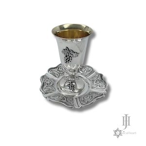 Juego de copa y plato Kidush de plata de ley - Judaica hecha a mano de Israel - Copa de vino para Shabat - Regalo de boda judío