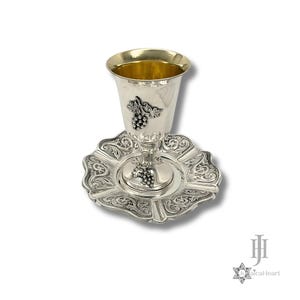 Handmade Sterling Silver Kiddush Cup & Plate Set • Grapevine Design