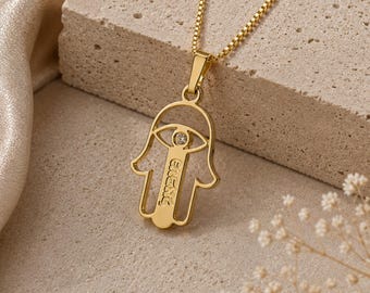 Colar com nome Hamsa em ouro 14K • Pingente personalizado de olho grego • Joia de proteção • Presente para Bat Mitzvá