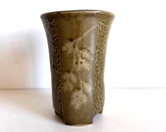 Vintage Studio Pottery Vase: Textured Olive Glaze, Japandi Decor