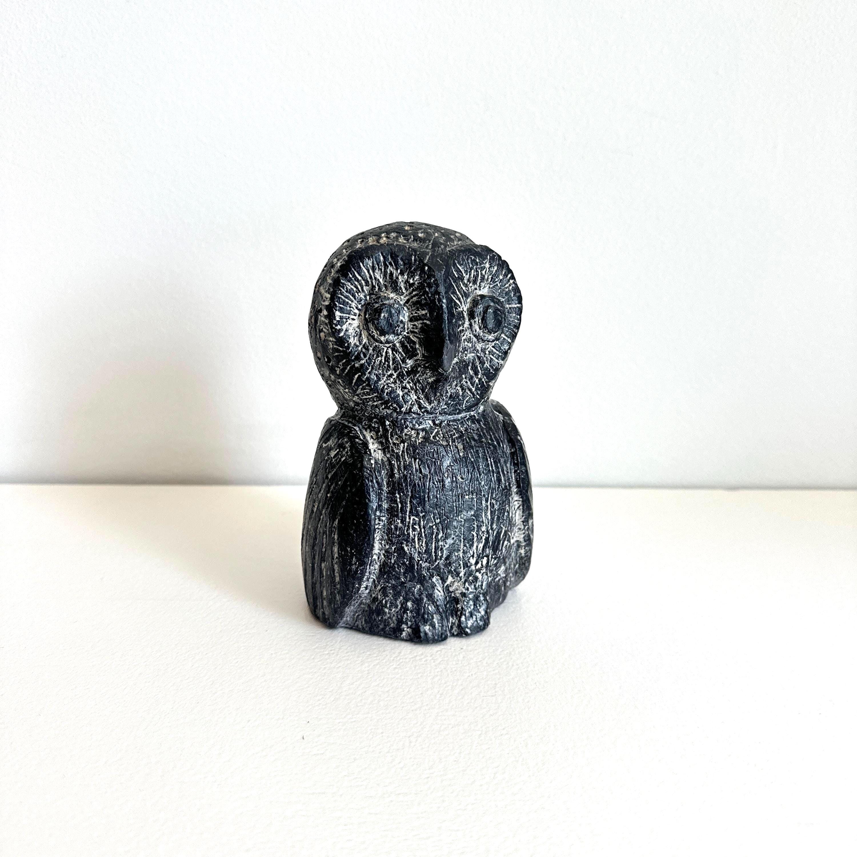 Vintage Wolf Original Owl Sculpture, Black and White Soapstone Style Figurine, Canadian Wildlife Col
