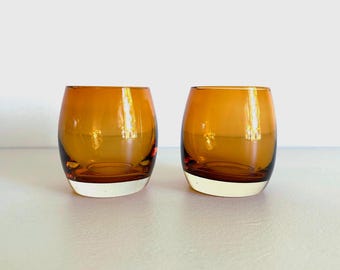 Vintage Amber Whiskey Glasses: Mid-Century Lowball Tumblers, Set of 2