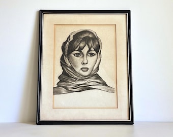 Vintage Charcoal Portrait Drawing of Woman, Black and White Wall Art, Old World Quiet Luxury